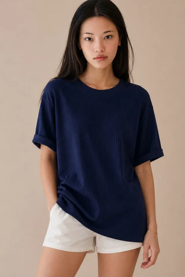 Gratë Blu e Errët Ribana Oversize T-Shirt 100% Pambuk Prerje e Lirshme 3