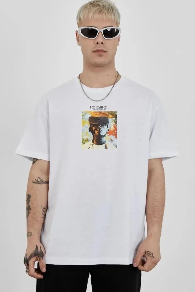 Férfi Fehér Oversize Kerékpárnyomott Nyomott Nyári Póló 1
