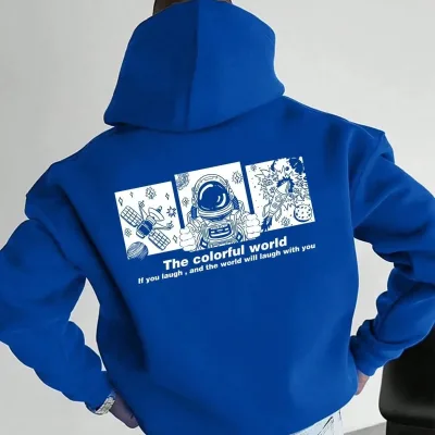 Men's Navy Blue 3-Thread Cotton Printed Hooded Sweatshirt with Pockets 1