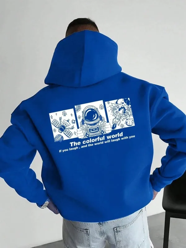 Men's Navy Blue 3-Thread Cotton Printed Hooded Sweatshirt with Pockets 1