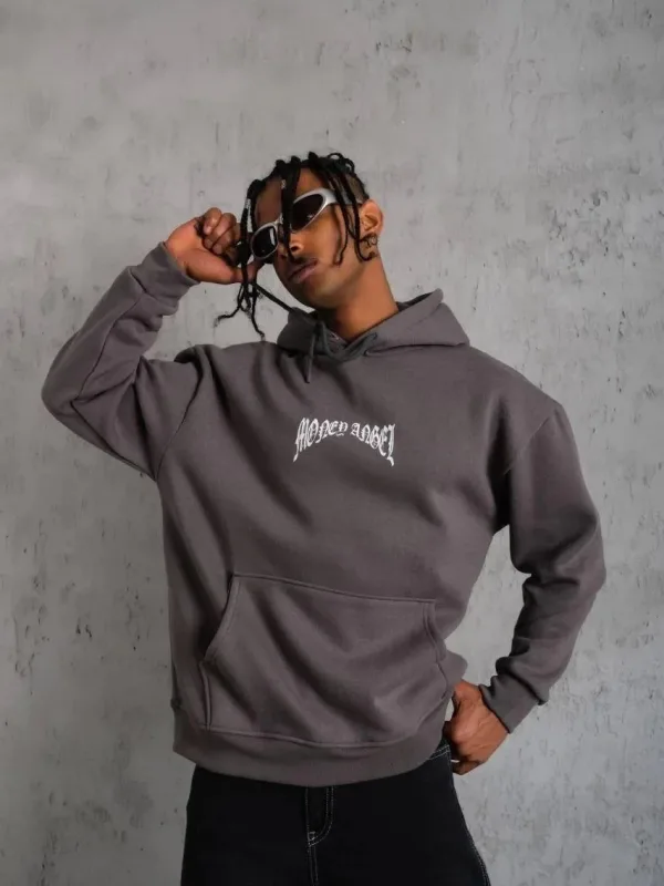 Muški dimljeni 3-nitni pamučni hoodie s printom i džepovima 1