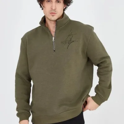Men's Green Half Zip 3-Thread Cotton Printed Sweatshirt 4