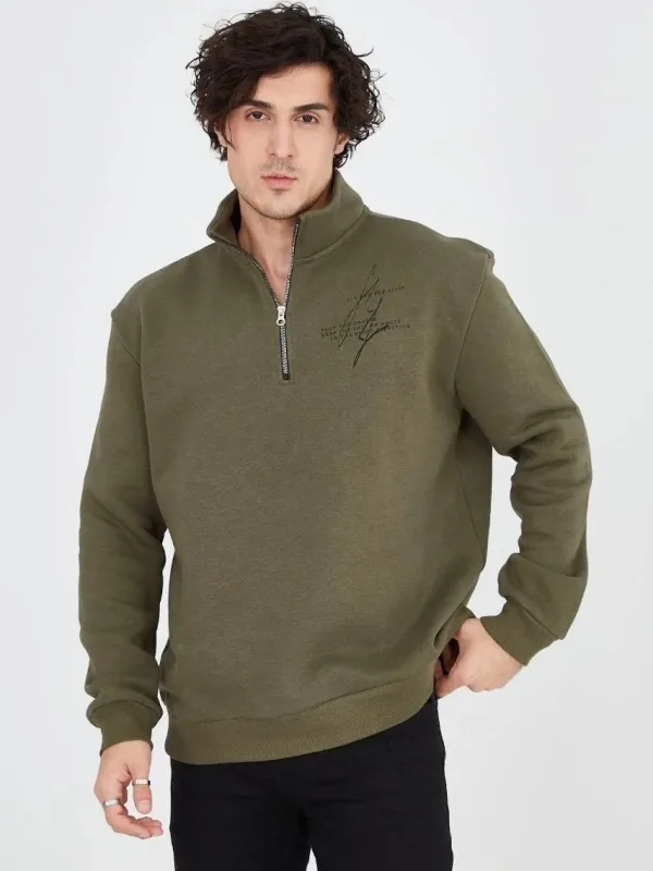 Men's Green Half Zip 3-Thread Cotton Printed Sweatshirt 4