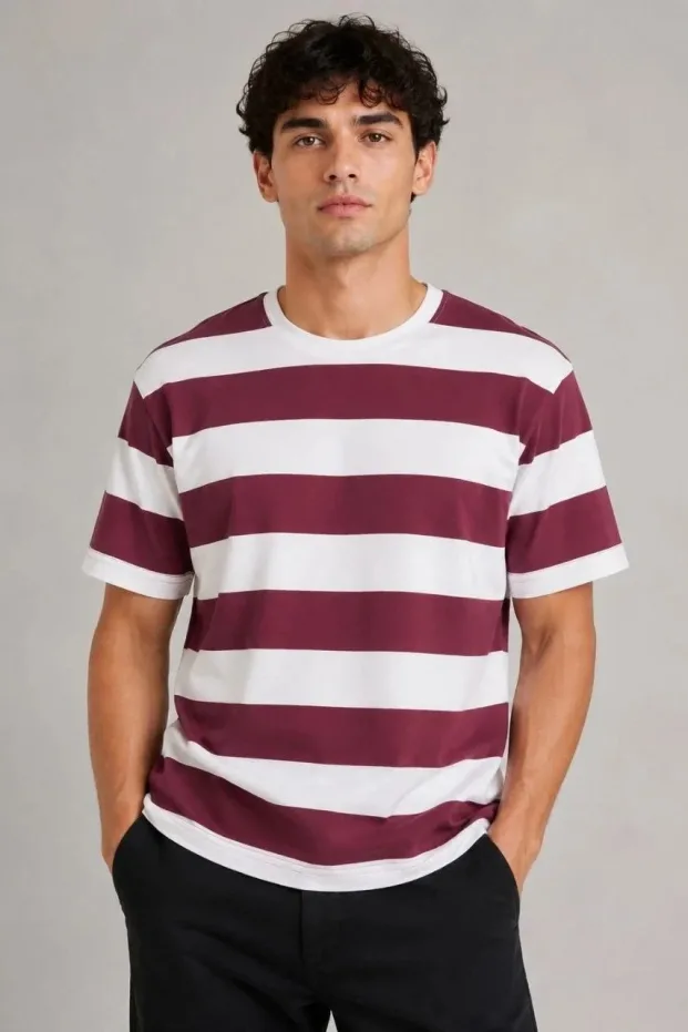 Erkek Bordo Oversize Bisiklet Yaka Çizgili Kısa Kol Tişört 1