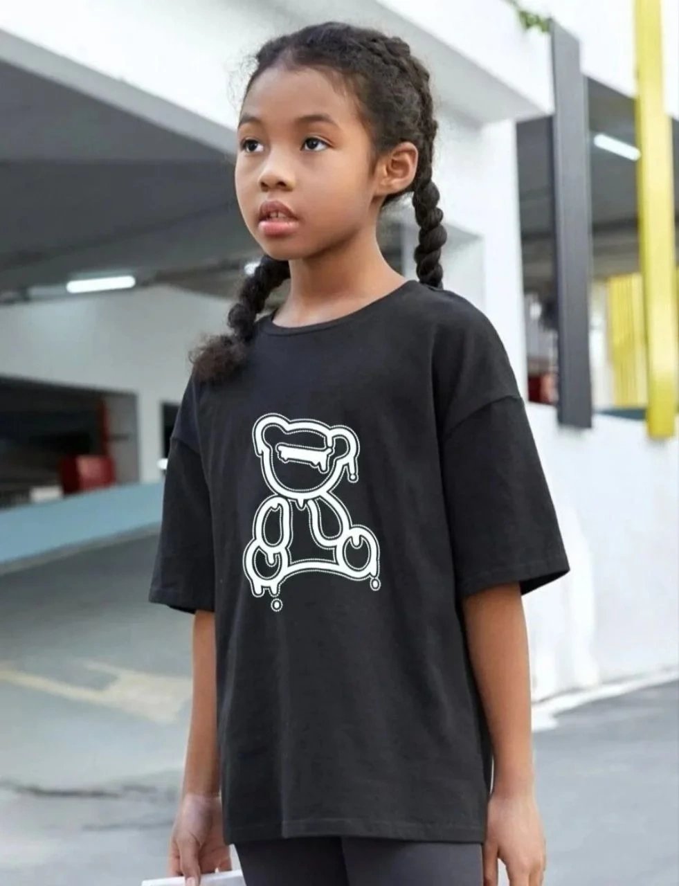 Çocuk Siyah Oversize Baskılı Yuvarlak Yaka T-Shirt
