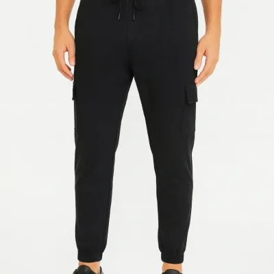Men's Black Cargo Pocket Jogger Sweatpants with Elastic Cuffs 7