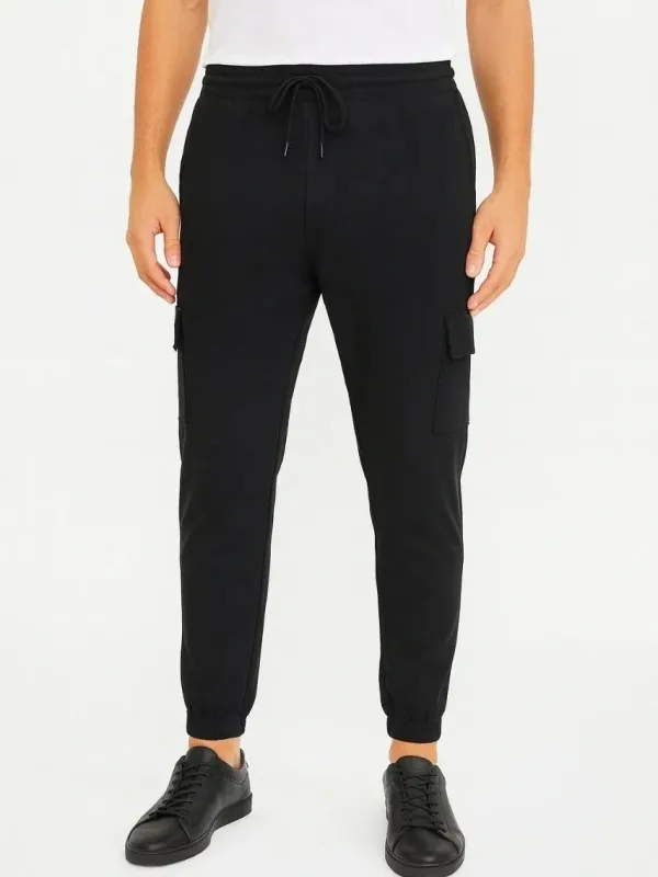Men's Black Cargo Pocket Jogger Sweatpants with Elastic Cuffs 7