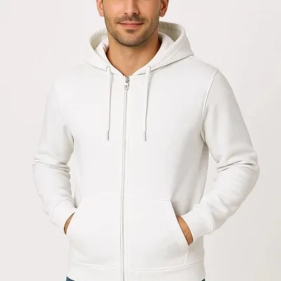 Pánský bílý 3-nitní bavlněný sweatshirt s celo zipem, kapucí a kapsami 5