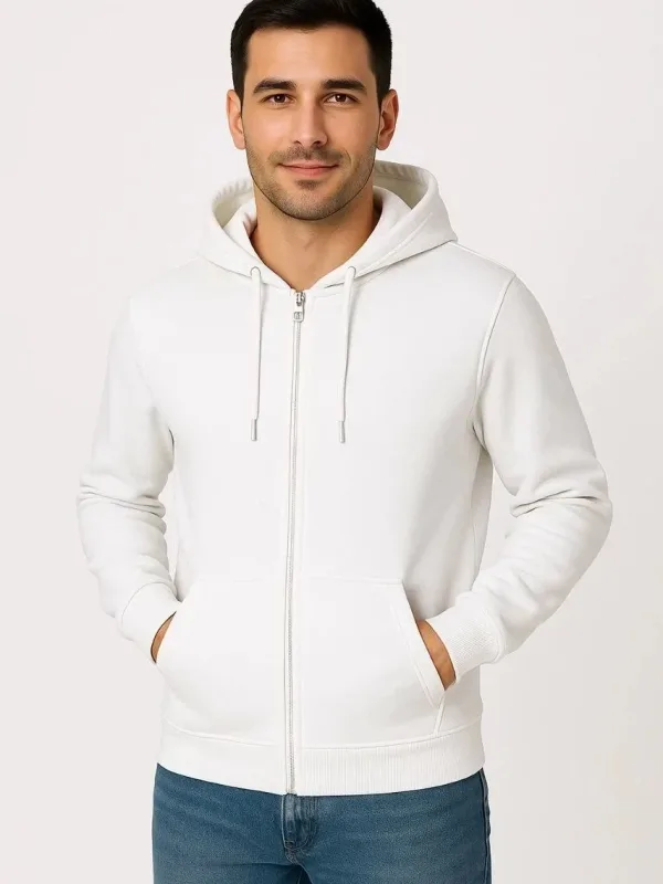 Pánský bílý 3-nitní bavlněný sweatshirt s celo zipem, kapucí a kapsami 5