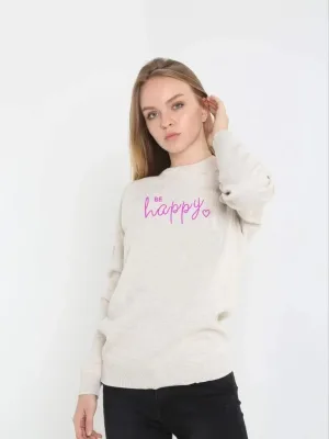 Women Beige Crew Neck Printed Woven Knit Sweater