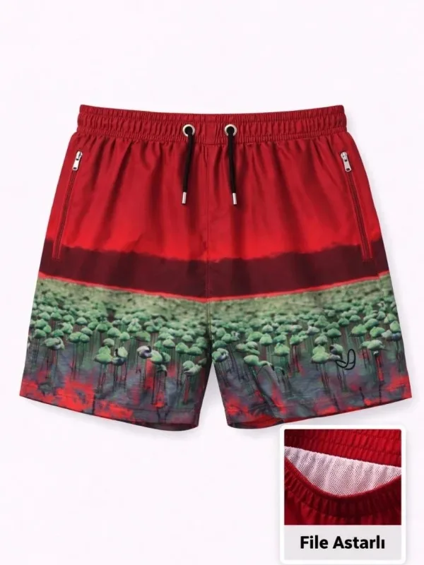 Men's Red Zippered Pocket Mesh Lined Quick-Dry Swim Shorts 3