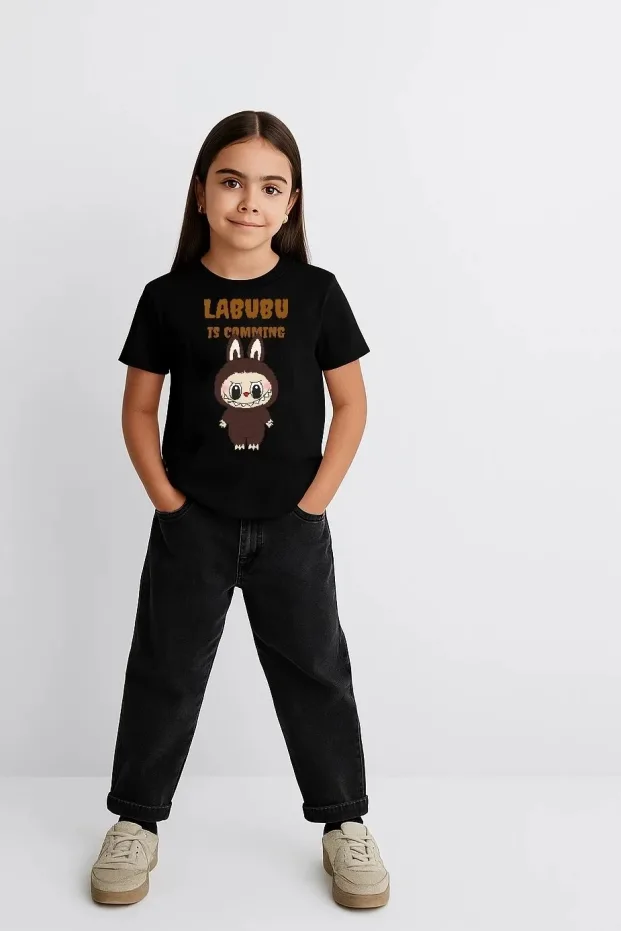Kız Siyah Labubu Baskılı Oversize Çocuk Tişört 2