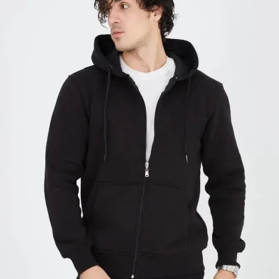 Muški crni 3-nitni pamučni full zip hoodie s džepovima 8