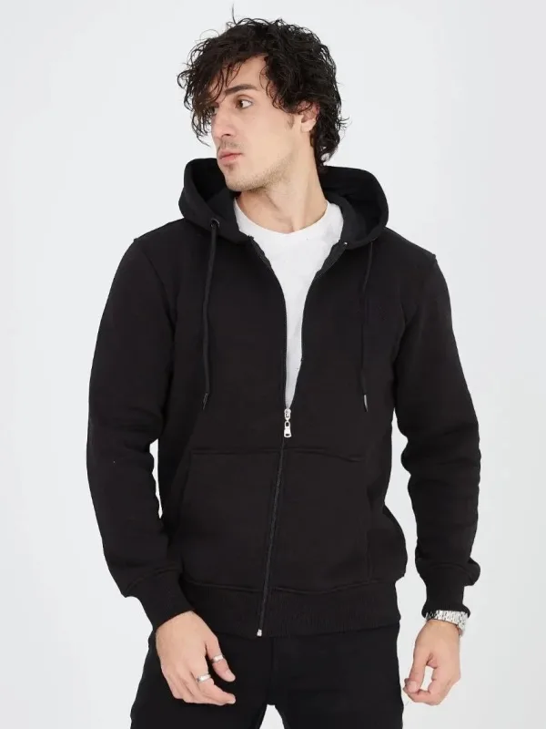 Muški crni 3-nitni pamučni full zip hoodie s džepovima 8