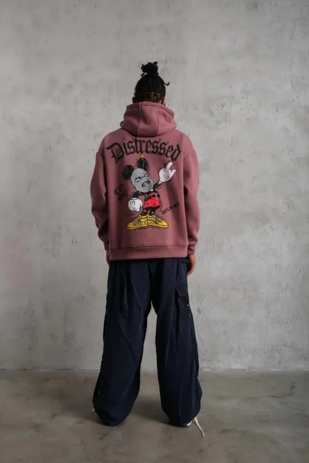 Erkek Gül Kurusu 3 İplik Pamuklu Kanguru Cepli Kapüşonlu Sweatshirt 3