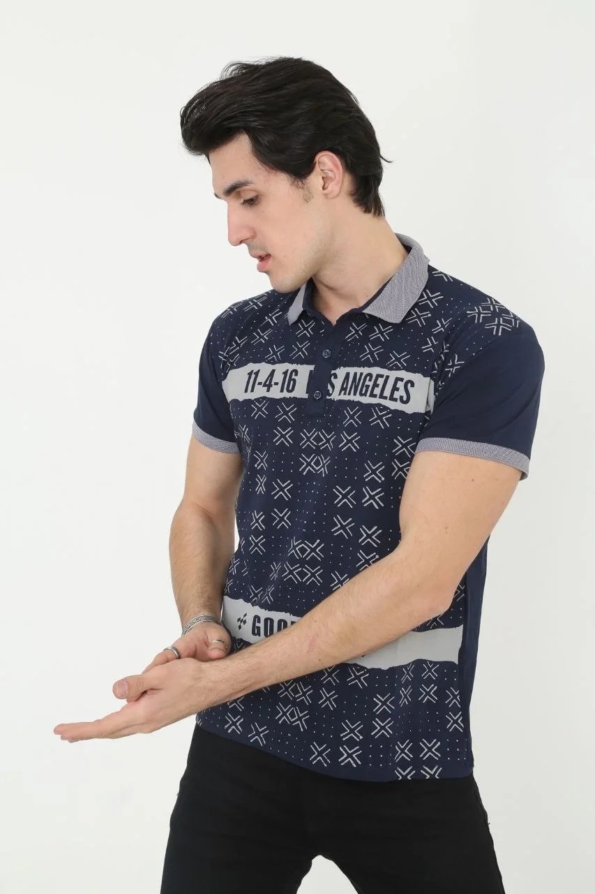 Pánské tmavě modré slim fit potištěné polo tričko, krátký rukáv 3