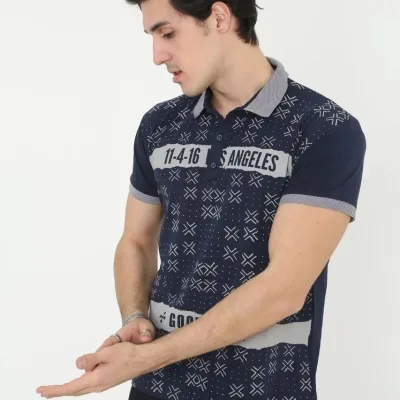 Men's Navy Slim Fit Polo Neck Printed Short Sleeve T-Shirt 3