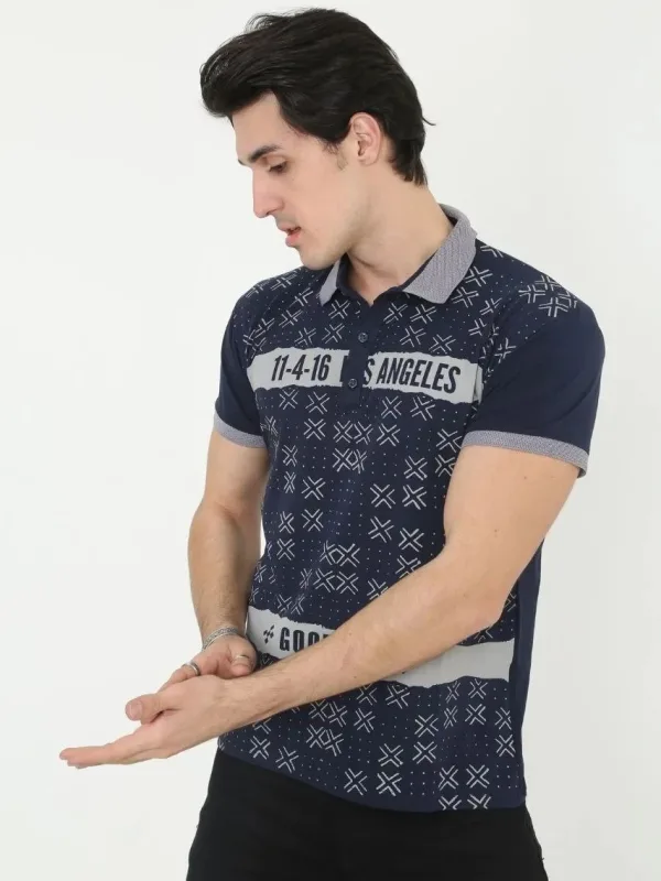 Men's Navy Slim Fit Polo Neck Printed Short Sleeve T-Shirt 3