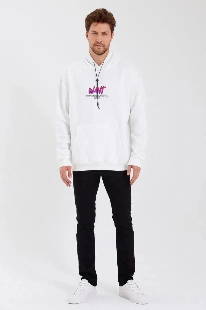 Sweatshirtê Mêran ê Spî Oversize 3 Têl Pembû Bi Kapşon, Çapkirî