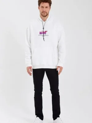 Sweatshirtê Mêran ê Spî Oversize 3 Têl Pembû Bi Kapşon, Çapkirî