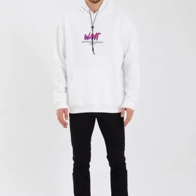 Sweatshirtê Mêran ê Spî Oversize 3 Têl Pembû Bi Kapşon, Çapkirî 1