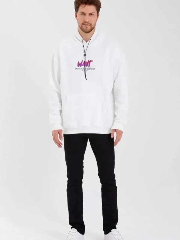 Sweatshirtê Mêran ê Spî Oversize 3 Têl Pembû Bi Kapşon, Çapkirî 1