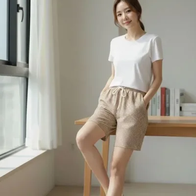 Women's Beige Checkered Elastic Waist Drawstring Pocket Shorts 2