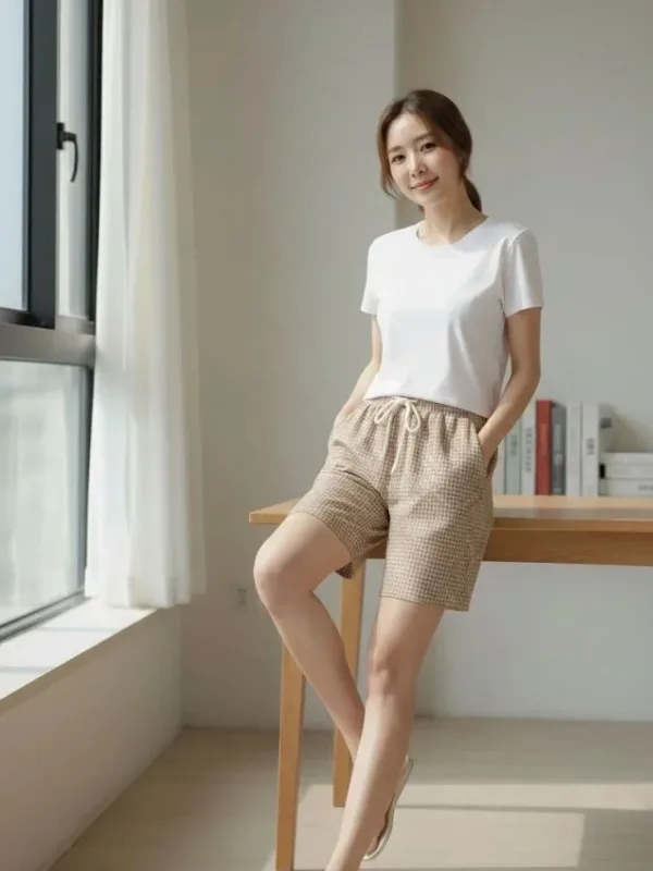 Women's Beige Checkered Elastic Waist Drawstring Pocket Shorts 2