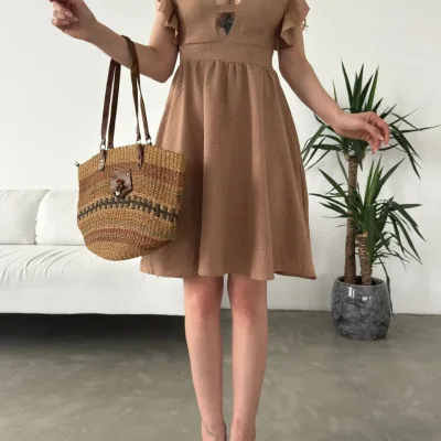 Bust Cutout Flounce Sleeve Dress Beige 4