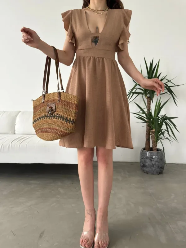 Bust Cutout Flounce Sleeve Dress Beige 4