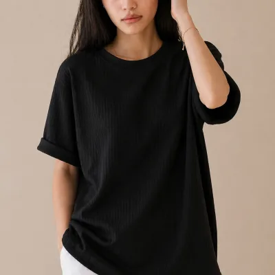 Black Ribbed Oversize Loose Fit Basic T-Shirt 1