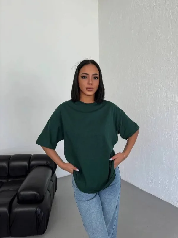Femeie Haki Oversize Guler Bicicletă Simplu Mânecă Scurtă Tricou 4
