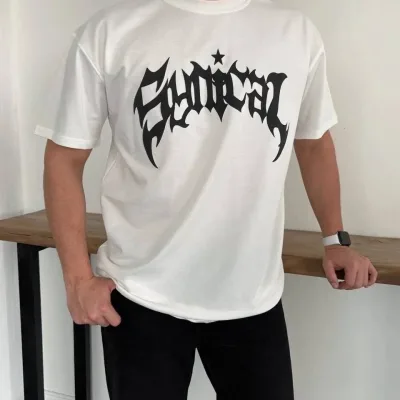 Машки бел Oversize велосипед јака печатен маица 1