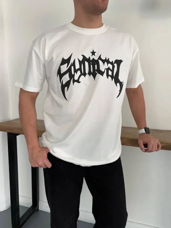 Машки бел Oversize велосипед јака печатен маица 1
