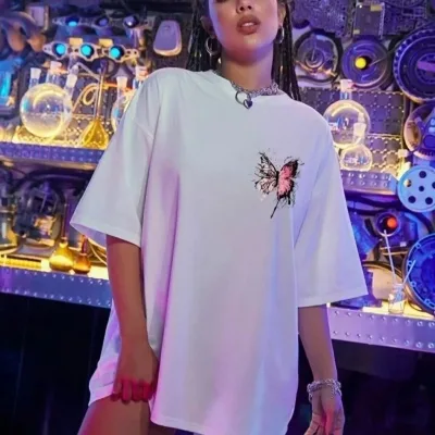 Femeie Albă Guler Bicicletă Fluture Imprimat Oversize Tricou 4