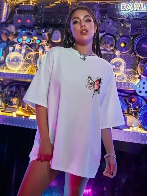 Femeie Albă Guler Bicicletă Fluture Imprimat Oversize Tricou 4
