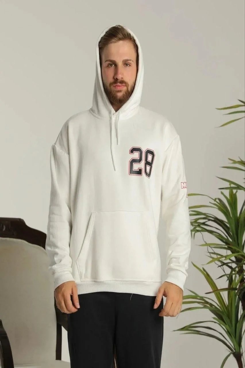Erkek Beyaz Oversize 3 İplik Pamuklu Kapüşonlu Baskılı Cepli Sweatshirt
