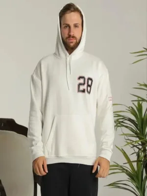 Męska Biała Oversize Bluza z Kapturem 3-nitkowa Bawełniana z Nadrukiem i Kieszenią