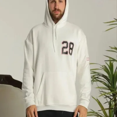 Męska Biała Oversize Bluza z Kapturem 3-nitkowa Bawełniana z Nadrukiem i Kieszenią 1
