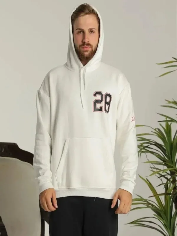 Męska Biała Oversize Bluza z Kapturem 3-nitkowa Bawełniana z Nadrukiem i Kieszenią 1