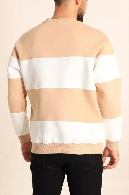 Men's Beige Patchwork 3-Thread Cotton Cycling Neck Sweatshirt 2