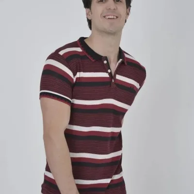 Pánské vínové slim fit polo tričko s tkanými pruhy 3