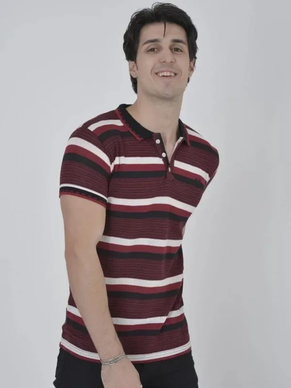 Pánské vínové slim fit polo tričko s tkanými pruhy 3