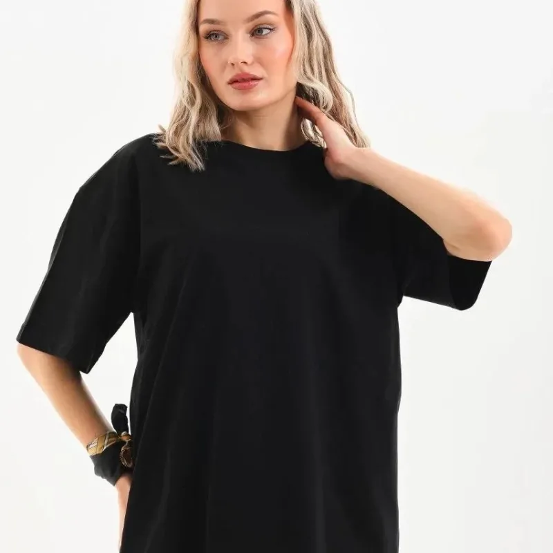 Női Fekete Sima Rövid Ujjú Kötött T-Shirt