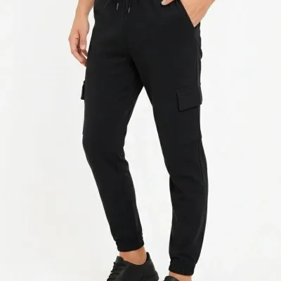Men's Black Cargo Pocket Jogger Sweatpants with Elastic Cuffs 1