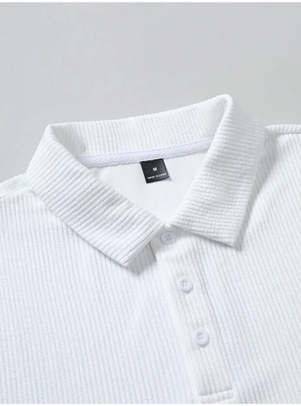 Erkek Beyaz Oversize Bisiklet Yaka Fitilli Pamuklu Polo Tişört 2