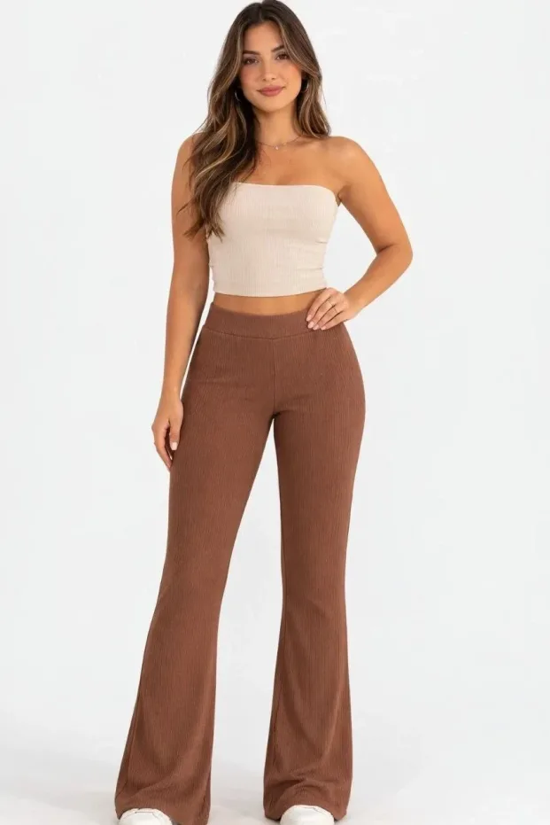 Női barna magas derekú bordázott spanyol nadrág leggings 4