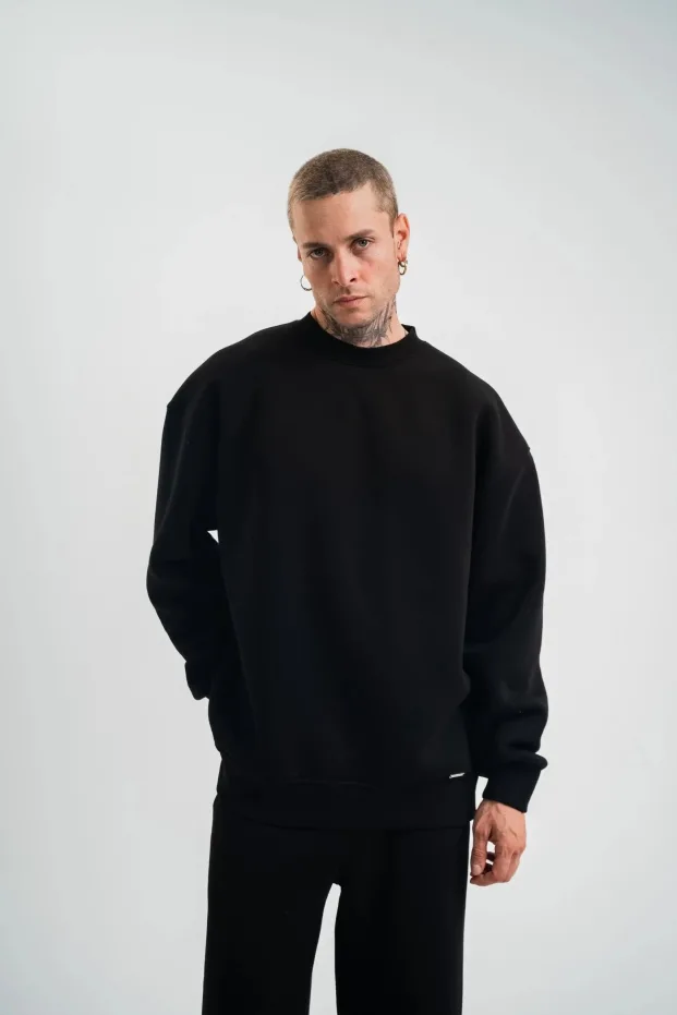 Машки црн 3-нишки памучен долг ракав велосипед јака Sweatshirt 2