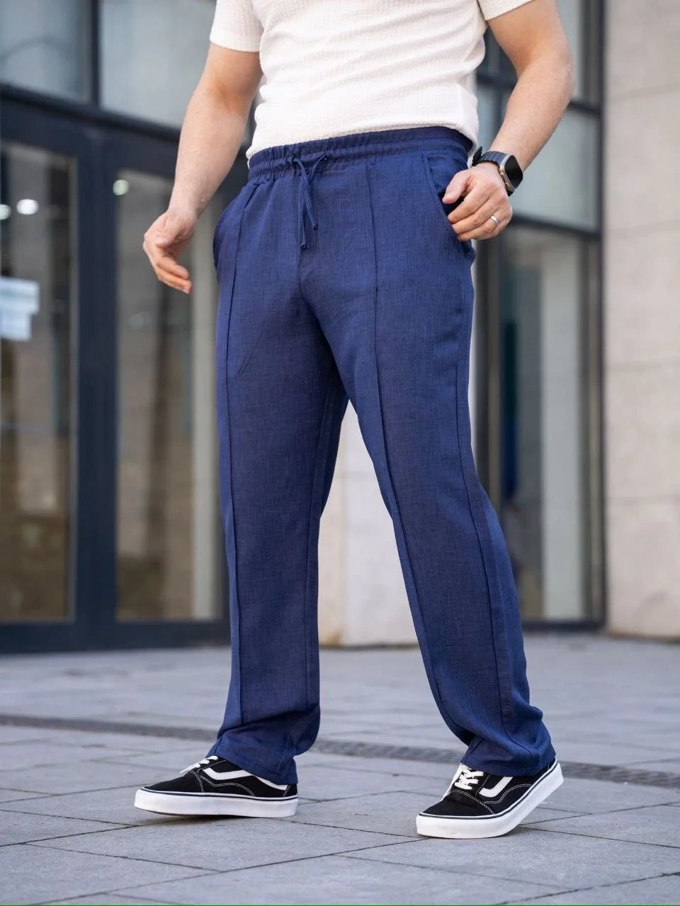 Kişi Tünd Göy Rahat Kətan Jogger Cibli Çıma Tikişli Şalvar 4