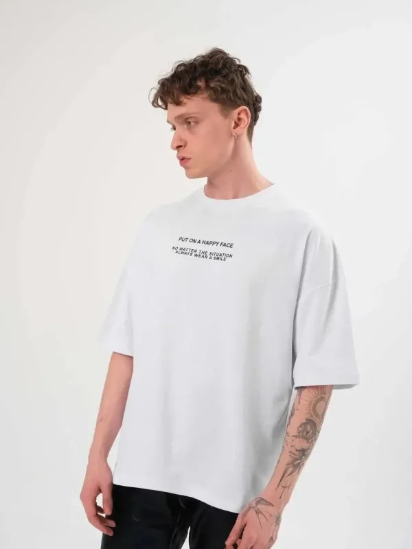 Bluzë për meshkuj, e bardhë, oversized, me jakë biçiklete, të shtypur 1